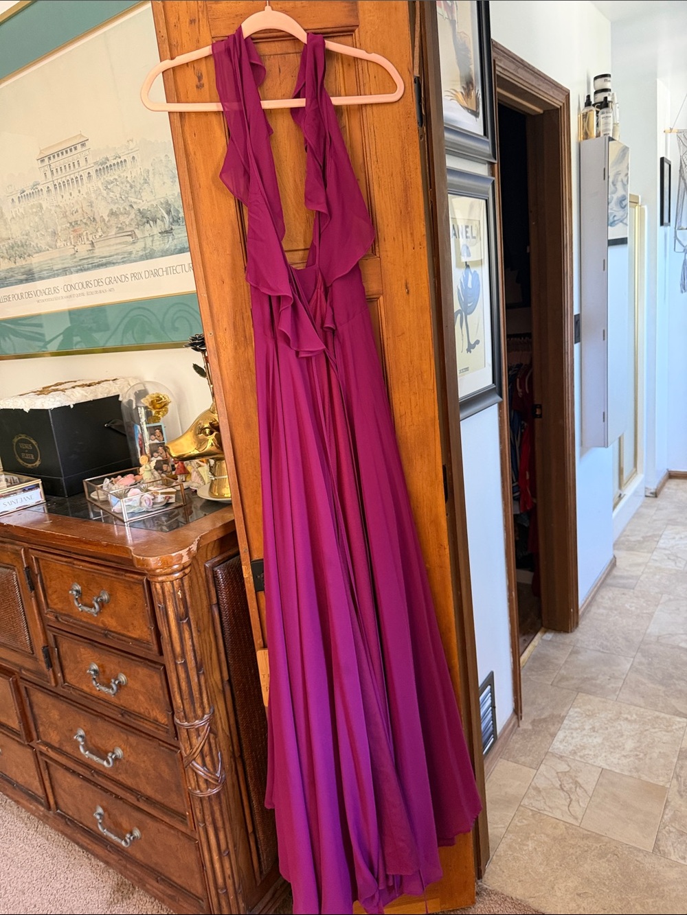 Yumi Kim Magenta Ruffle Halter Maxi Dress